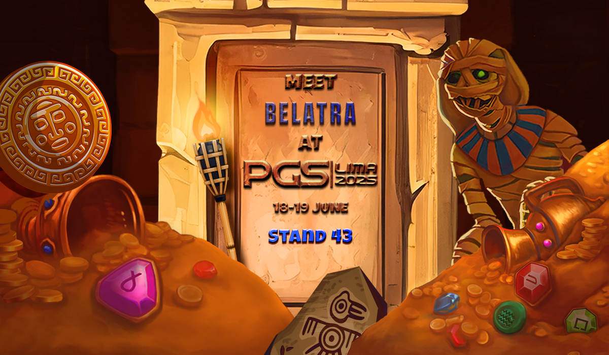 Belatra’s booth at Peru Gaming Show 2025 featuring its latest slot innovations and a hidden tomb-themed bar serving Incan-inspired cocktails.  
