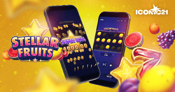 Stellar Fruits slot by ICONIC21—classic fruit and coin symbols with fiery red seven wilds and golden star scatters.  